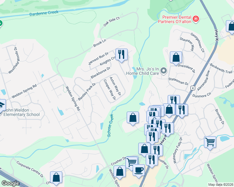 map of restaurants, bars, coffee shops, grocery stores, and more near 817 Aston Way Drive in O'Fallon