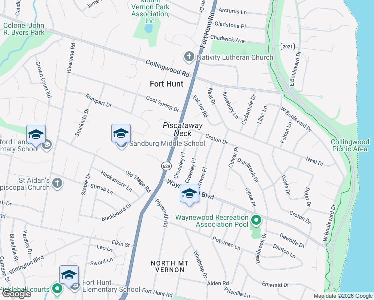 map of restaurants, bars, coffee shops, grocery stores, and more near 8411 Crossley Place in Fort Hunt