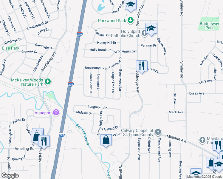 map of restaurants, bars, coffee shops, grocery stores, and more near 2825 Sugar Tree Lane in Maryland Heights
