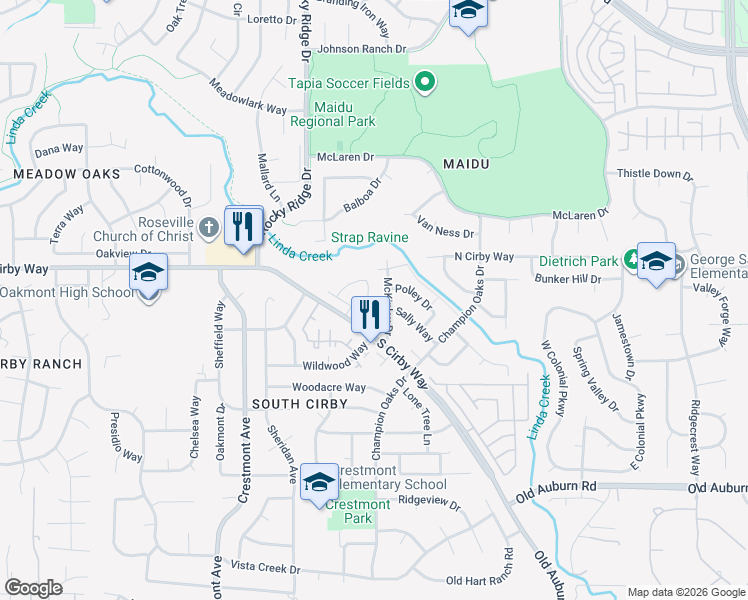 map of restaurants, bars, coffee shops, grocery stores, and more near 1869 Nighthawk Circle in Roseville