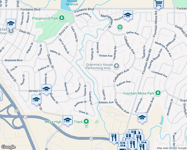 map of restaurants, bars, coffee shops, grocery stores, and more near 7131 Metropolitan Street in Colorado Springs