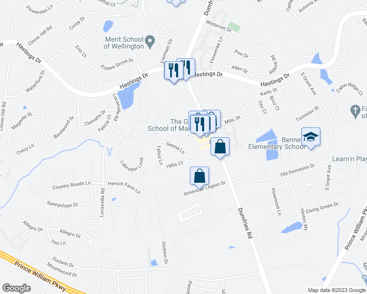 map of restaurants, bars, coffee shops, grocery stores, and more near 10485 Genna Lane in Manassas