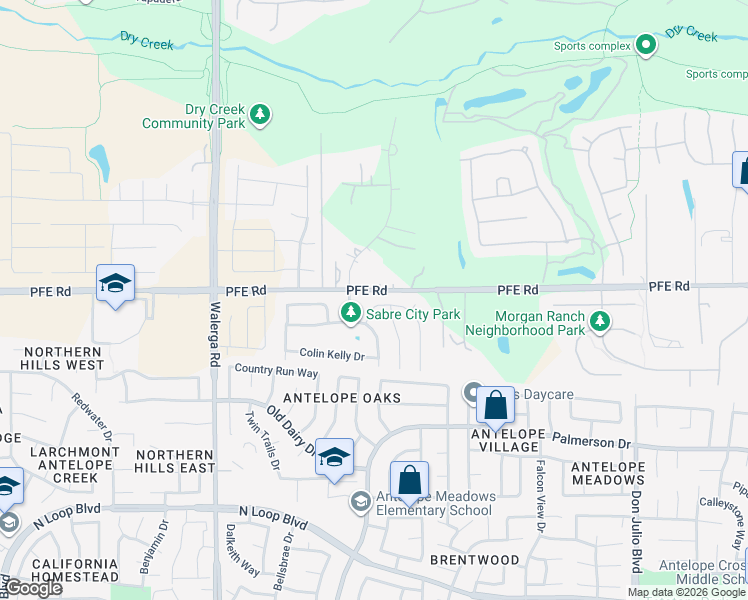 map of restaurants, bars, coffee shops, grocery stores, and more near 115 Hap Arnold Loop in Roseville