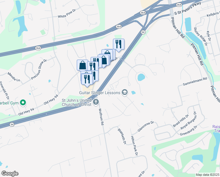 map of restaurants, bars, coffee shops, grocery stores, and more near 4123 Capri Way in St. Peters