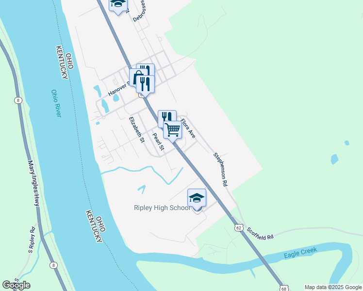map of restaurants, bars, coffee shops, grocery stores, and more near 1206 South 2nd Street in Ripley