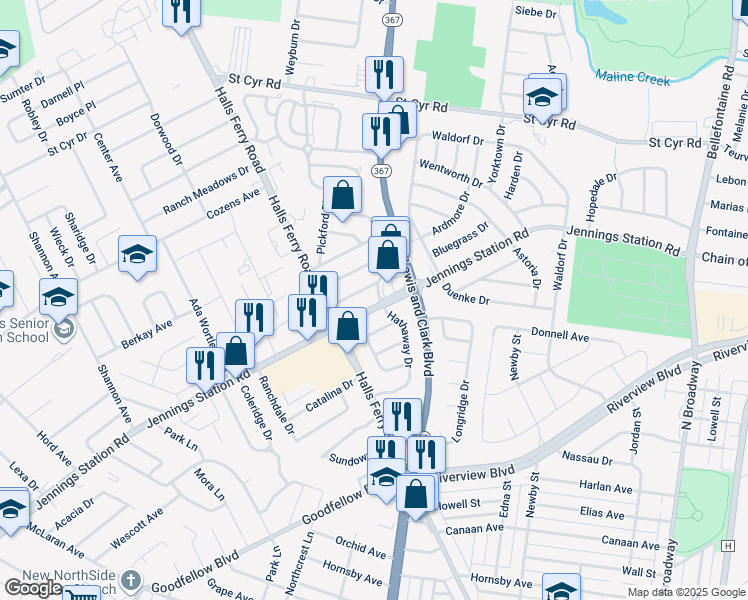 map of restaurants, bars, coffee shops, grocery stores, and more near 9443 Jennings Station Road in Jennings