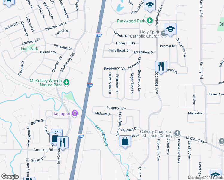 map of restaurants, bars, coffee shops, grocery stores, and more near 2824 Laurel View Lane in Maryland Heights