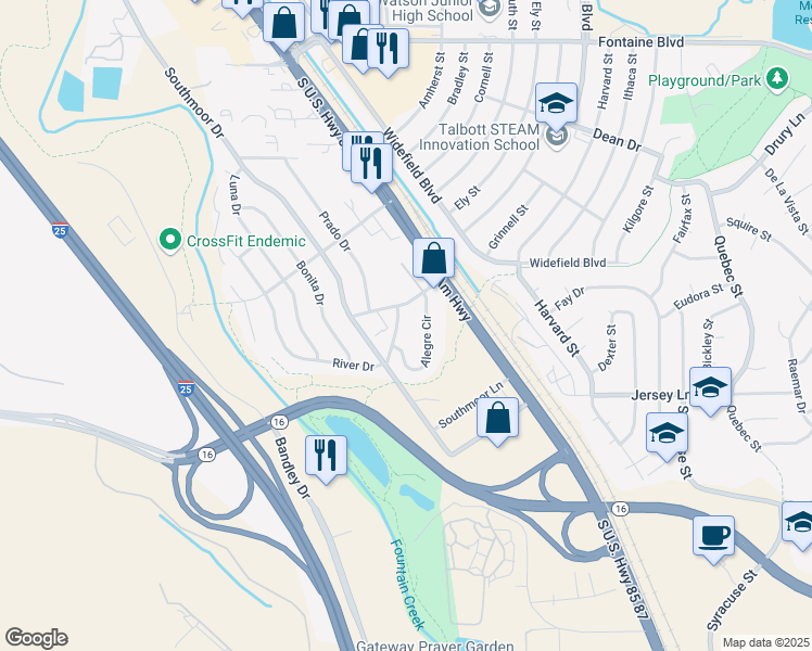 map of restaurants, bars, coffee shops, grocery stores, and more near 7120 Alegre Circle in Fountain