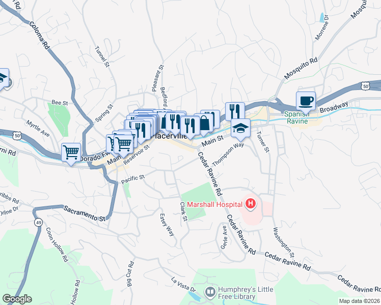 map of restaurants, bars, coffee shops, grocery stores, and more near in Placerville