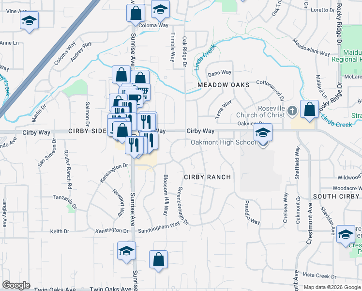 map of restaurants, bars, coffee shops, grocery stores, and more near 1301 Greenborough Drive in Roseville