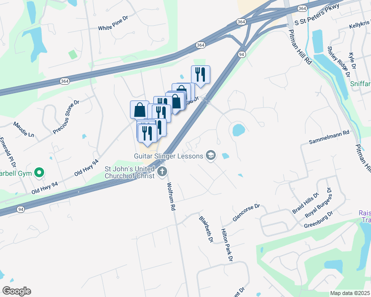 map of restaurants, bars, coffee shops, grocery stores, and more near 4123 Capri Way in St. Peters