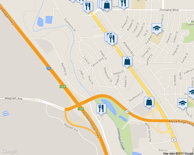 map of restaurants, bars, coffee shops, grocery stores, and more near 1705 Luna Drive in Fountain
