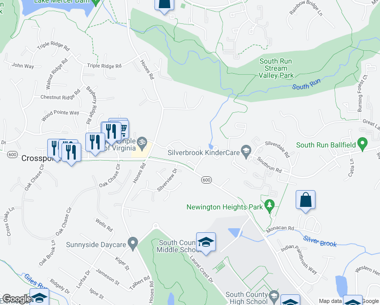 map of restaurants, bars, coffee shops, grocery stores, and more near 8400 Cacapon Court in Lorton