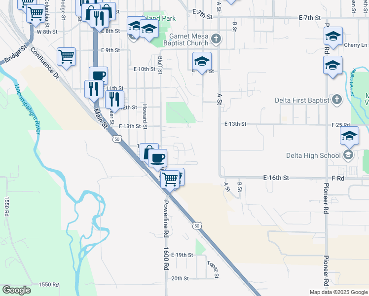 map of restaurants, bars, coffee shops, grocery stores, and more near Elm Way in Delta