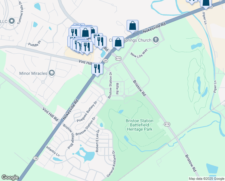 map of restaurants, bars, coffee shops, grocery stores, and more near 10509 Bristow Station Drive in Bristow