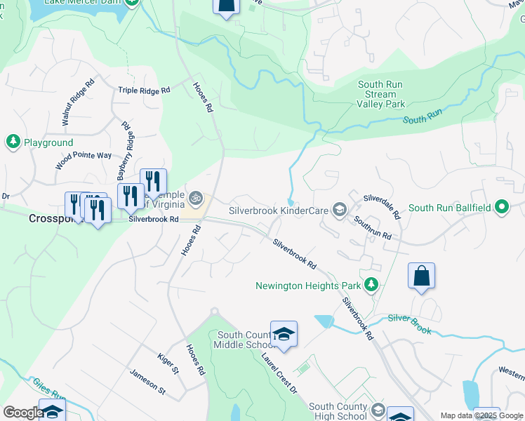 map of restaurants, bars, coffee shops, grocery stores, and more near 8400 Cacapon Court in Lorton