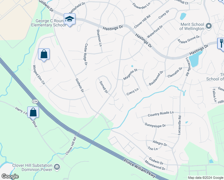 map of restaurants, bars, coffee shops, grocery stores, and more near 10422 Brackets Ford Circle in Manassas