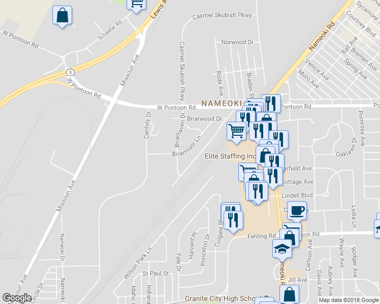 map of restaurants, bars, coffee shops, grocery stores, and more near 156 Briarmoor Lane in Granite City