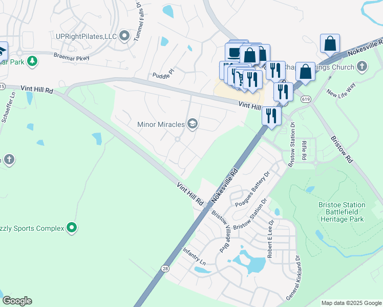 map of restaurants, bars, coffee shops, grocery stores, and more near 10251 Spring Iris Drive in Bristow