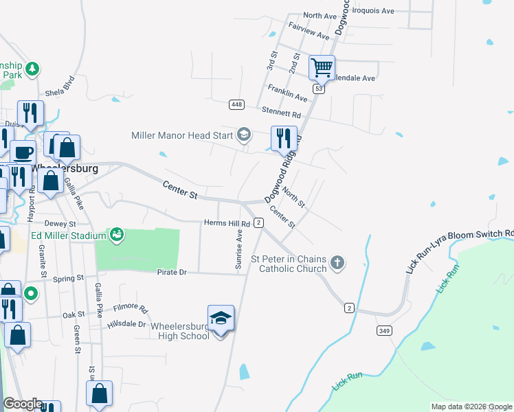 map of restaurants, bars, coffee shops, grocery stores, and more near 992 Dogwood Ridge Road in Wheelersburg