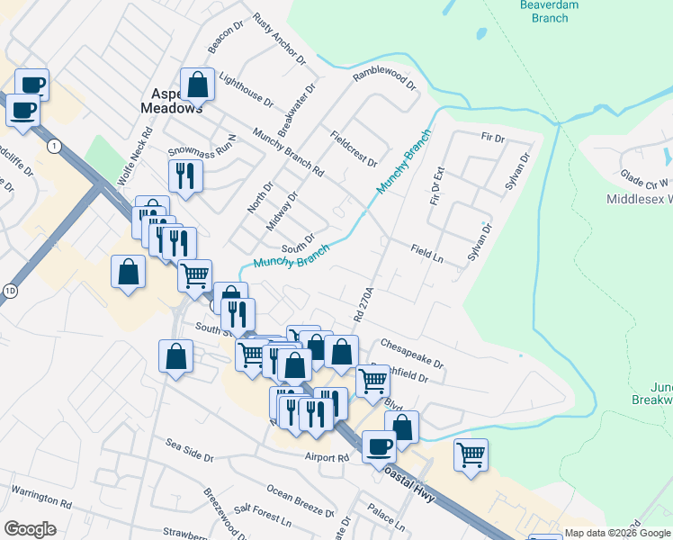 map of restaurants, bars, coffee shops, grocery stores, and more near 35963 Delpany Street in Rehoboth Beach