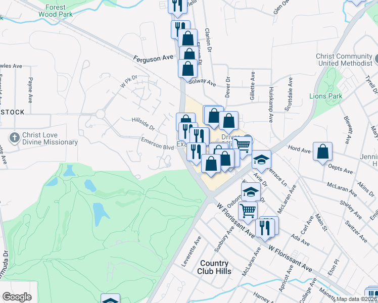 map of restaurants, bars, coffee shops, grocery stores, and more near 8017 West Florissant Avenue in Jennings