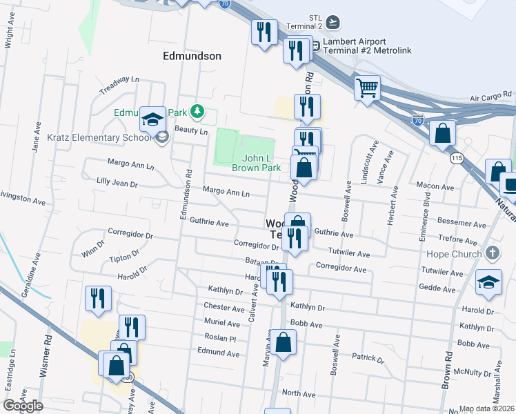 map of restaurants, bars, coffee shops, grocery stores, and more near 9443 Trefore Avenue in St. Louis