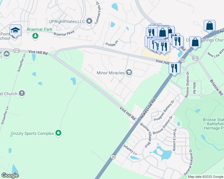 map of restaurants, bars, coffee shops, grocery stores, and more near 12164 Aster Road in Bristow