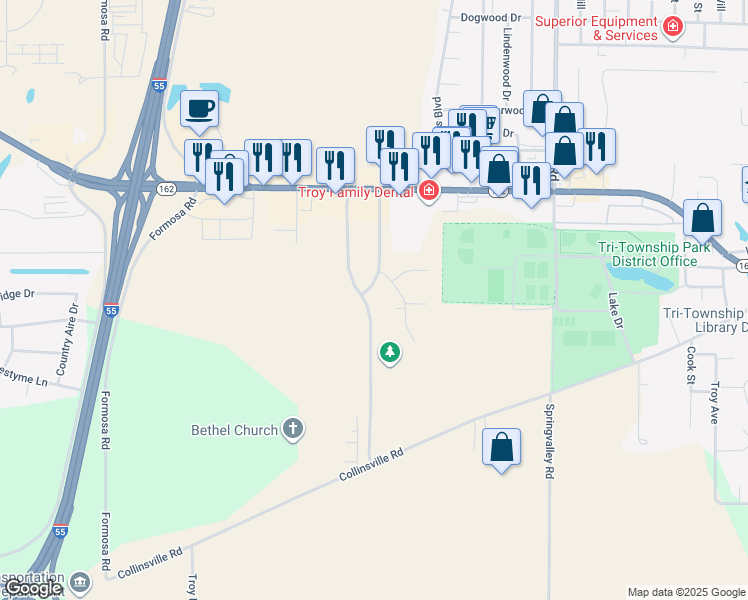 map of restaurants, bars, coffee shops, grocery stores, and more near 1952 SrA Bradley R Smith Drive in Troy