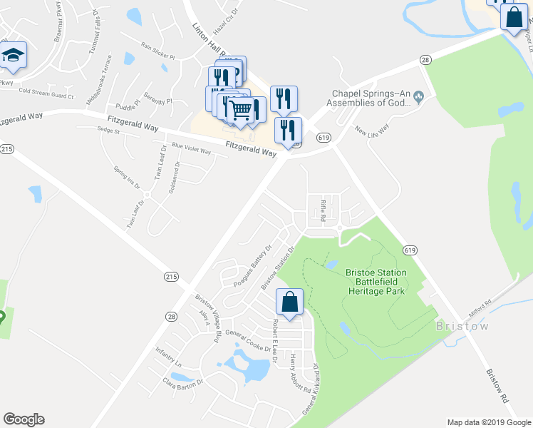 map of restaurants, bars, coffee shops, grocery stores, and more near 11884 Frank Haskell Court in Bristow