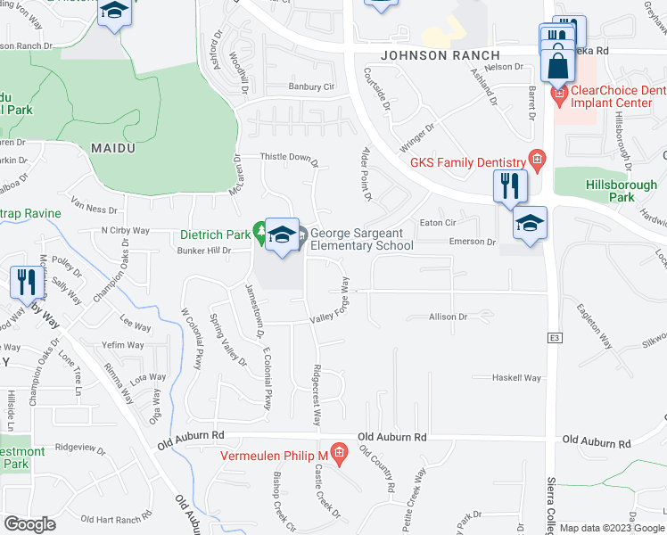 map of restaurants, bars, coffee shops, grocery stores, and more near 101 Birmingham Court in Roseville