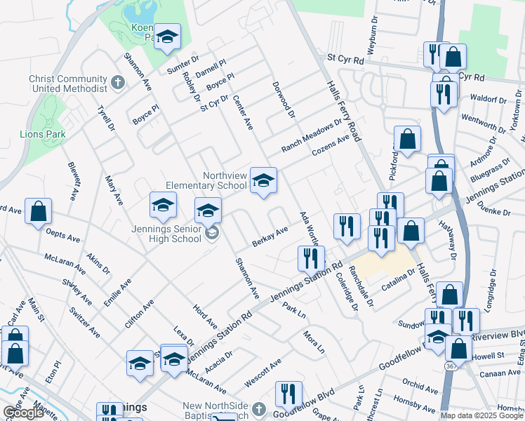 map of restaurants, bars, coffee shops, grocery stores, and more near 2330 Fairy Bell Drive in Jennings