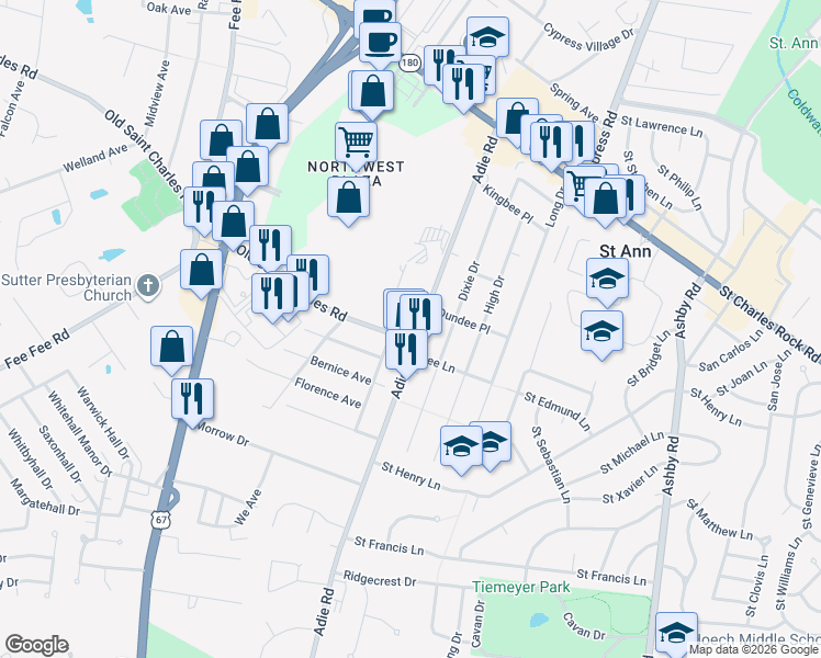 map of restaurants, bars, coffee shops, grocery stores, and more near 3609 Adie Road in Saint Ann