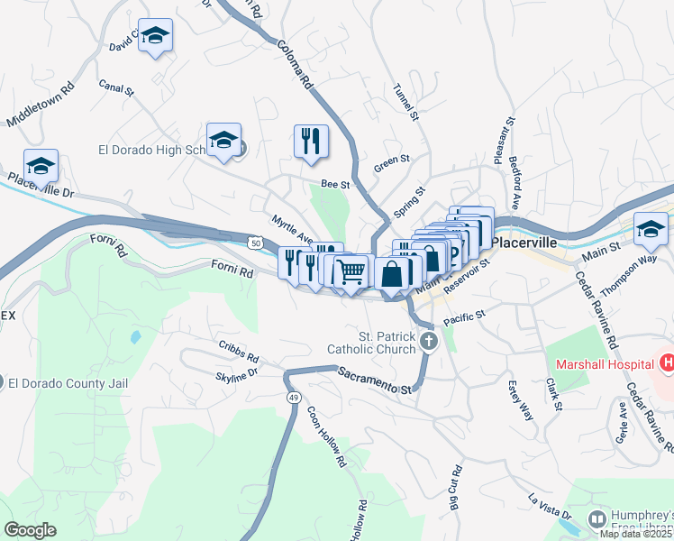 map of restaurants, bars, coffee shops, grocery stores, and more near 705 Canal Street in Placerville