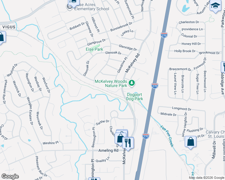 map of restaurants, bars, coffee shops, grocery stores, and more near 11923 Katiejo Court in Maryland Heights