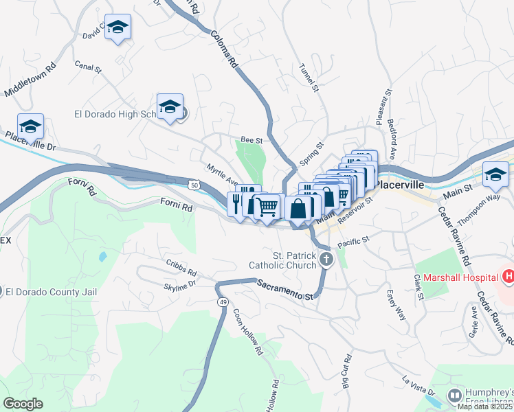 map of restaurants, bars, coffee shops, grocery stores, and more near 782 Bing Court in Placerville