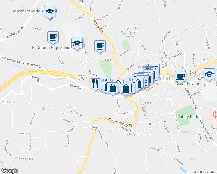 map of restaurants, bars, coffee shops, grocery stores, and more near 782 Bing Court in Placerville