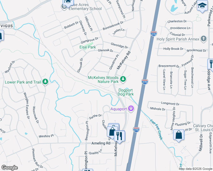 map of restaurants, bars, coffee shops, grocery stores, and more near 11923 Katiejo Court in Maryland Heights
