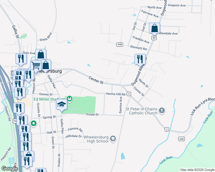 map of restaurants, bars, coffee shops, grocery stores, and more near 946 Center Street in Wheelersburg