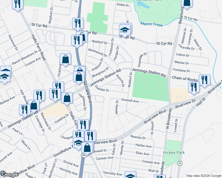 map of restaurants, bars, coffee shops, grocery stores, and more near 1213 Duenke Drive in St. Louis