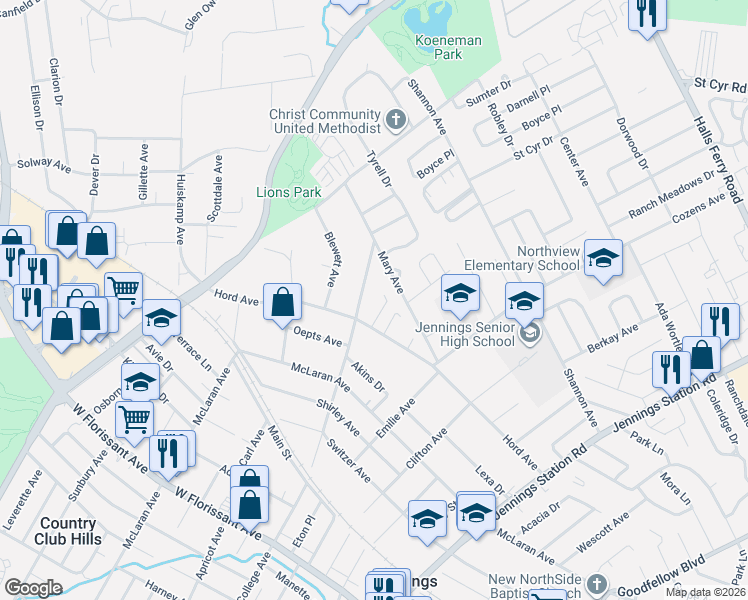 map of restaurants, bars, coffee shops, grocery stores, and more near 2430 Mary Avenue in Jennings