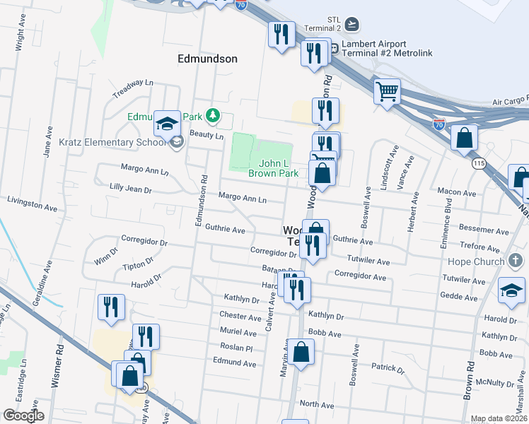 map of restaurants, bars, coffee shops, grocery stores, and more near 9443 Trefore Avenue in St. Louis