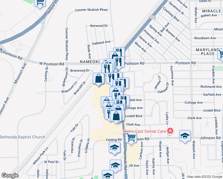 map of restaurants, bars, coffee shops, grocery stores, and more near 3717 Nameoki Road in Granite City
