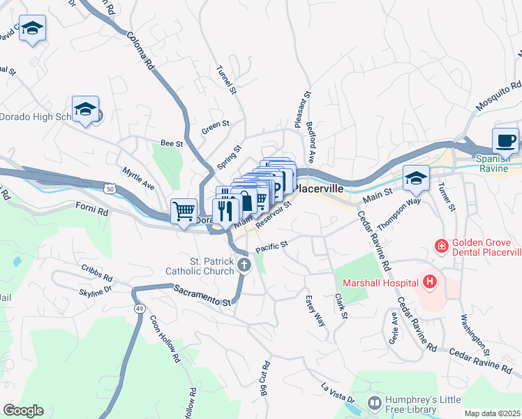 map of restaurants, bars, coffee shops, grocery stores, and more near 301 Main Street in Placerville