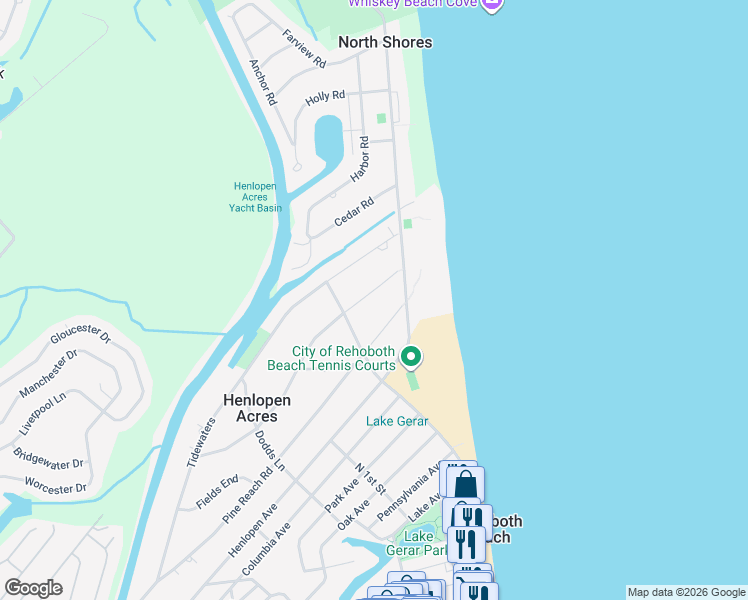 map of restaurants, bars, coffee shops, grocery stores, and more near 8 Rolling Road in Rehoboth Beach