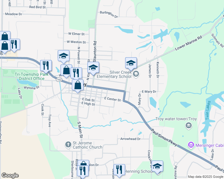 map of restaurants, bars, coffee shops, grocery stores, and more near 306 East Market Street in Troy