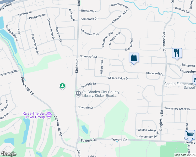 map of restaurants, bars, coffee shops, grocery stores, and more near 4137 Millers Ridge Drive in Saint Charles