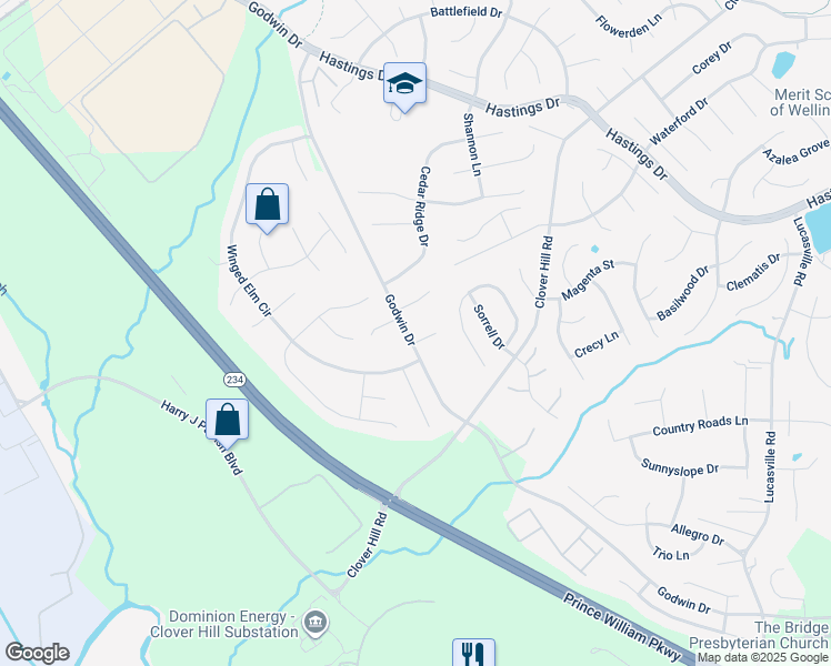 map of restaurants, bars, coffee shops, grocery stores, and more near 10306 Almond Tree Court in Manassas
