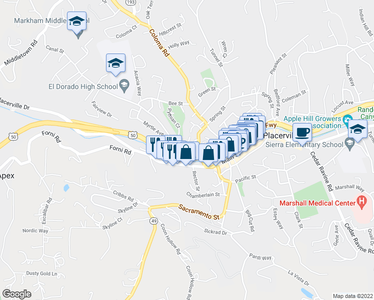 map of restaurants, bars, coffee shops, grocery stores, and more near 782 Bing Court in Placerville