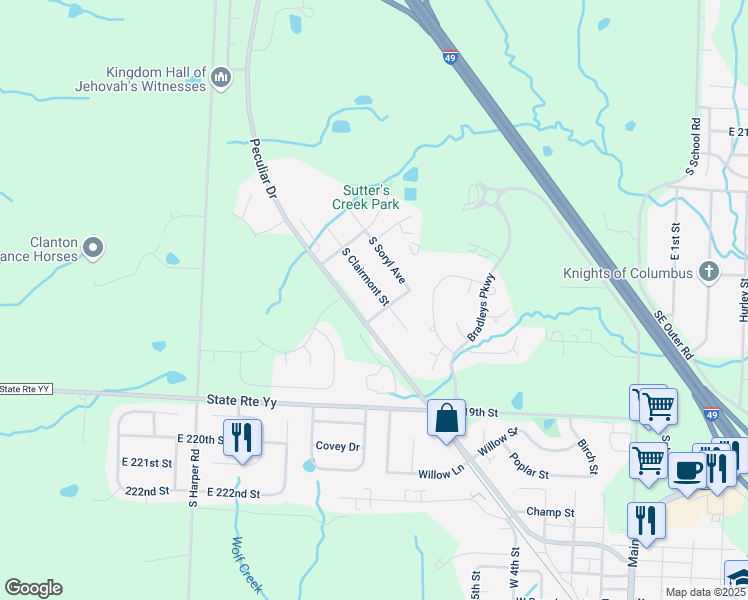 map of restaurants, bars, coffee shops, grocery stores, and more near 21700 South Clairmont Street in Peculiar
